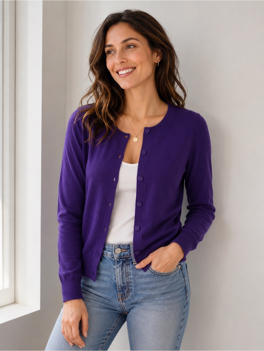 Talbots Purple Pima Cotton Cardigan Sweater Women’s Medium Classic Knit Top